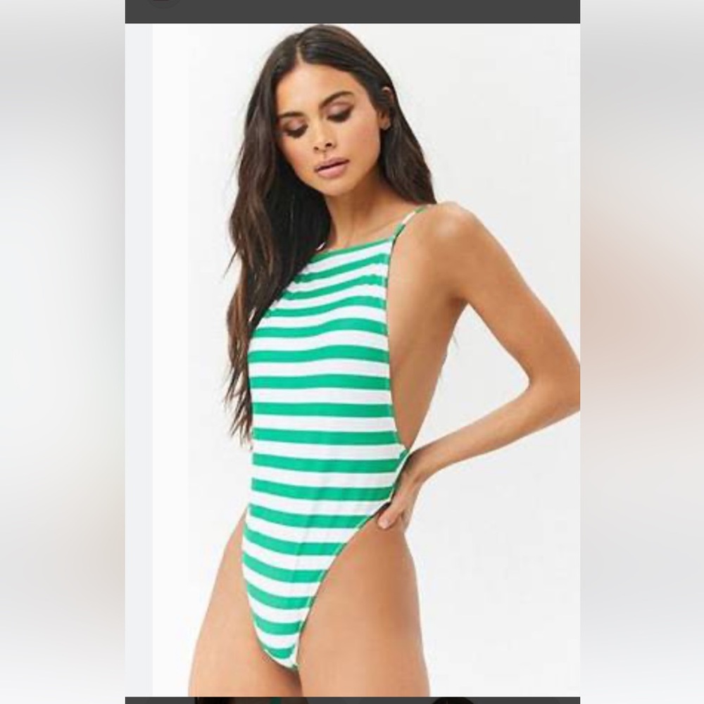 Forever 21 Green Striped One Piece Bathing Suit